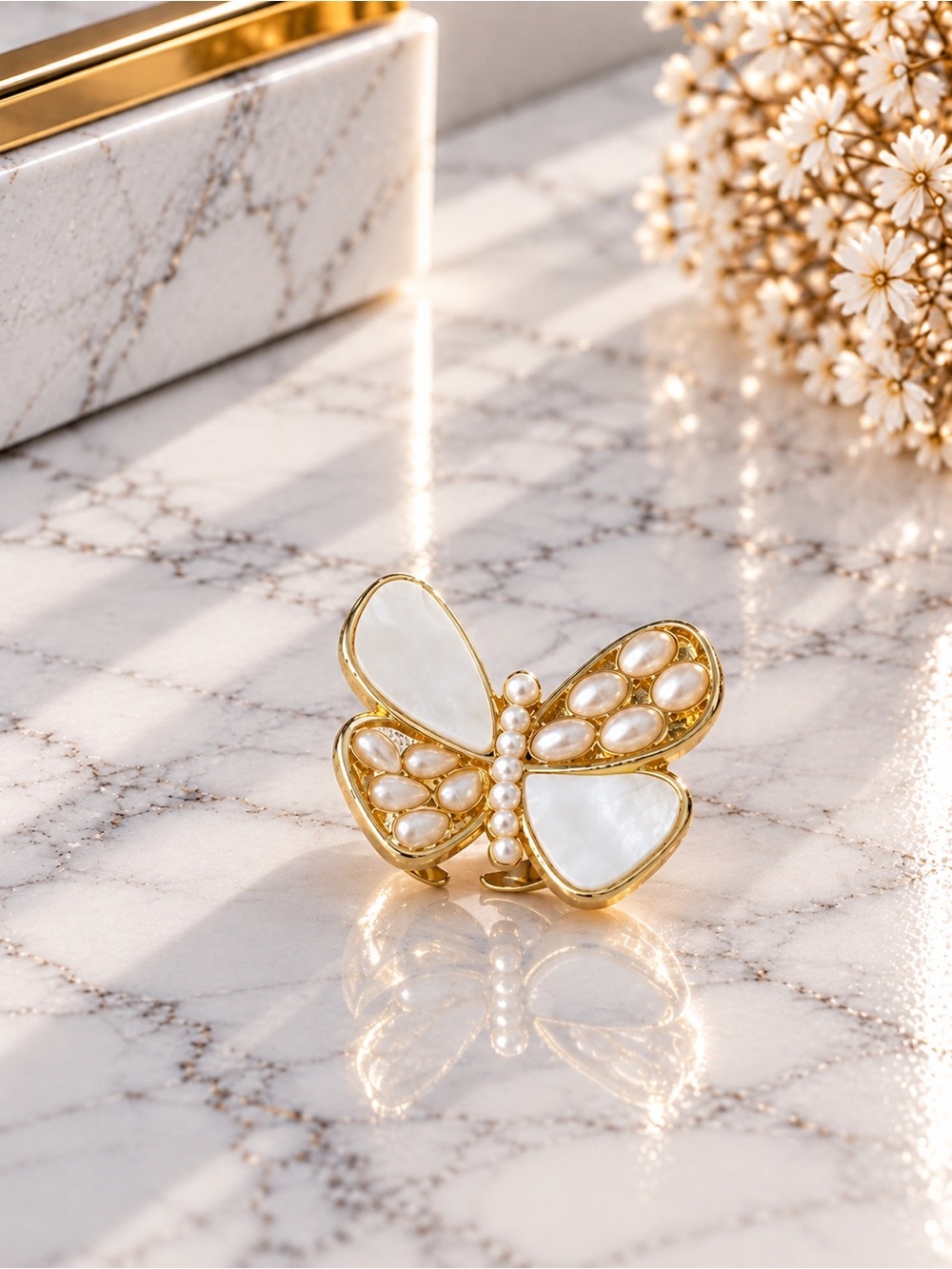 Gold Filled Adjustable  Pearl & Mother-of-Pearl Butterfly Ring
